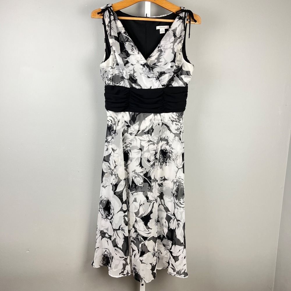 Dressbarn Fit & Flare Dress Womens 10‎ Black White Floral Sleeveless Y2K - Picture 2 of 8
